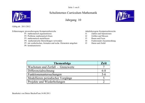 Schulinternes Curriculum Mathematik Klasse 10