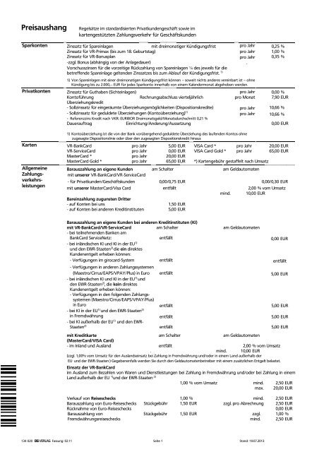 Preisaushang mit VISA - Volksbank RheinAhrEifel eG