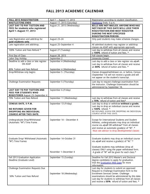 FALL 2013 ACADEMIC CALENDAR