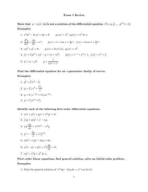 Exam 1 Review Show That Y Y X Is Is Not A Solution Of The