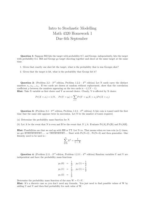 Intro to Stochastic Modelling Math 4320 Homework 1 Due 6th ...