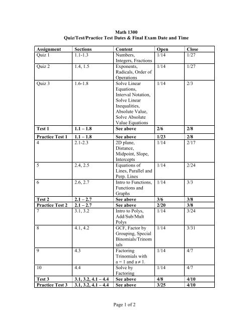 Page 1 of 2 Math 1300 Quiz/Test/Practice Test Dates & Final Exam ...