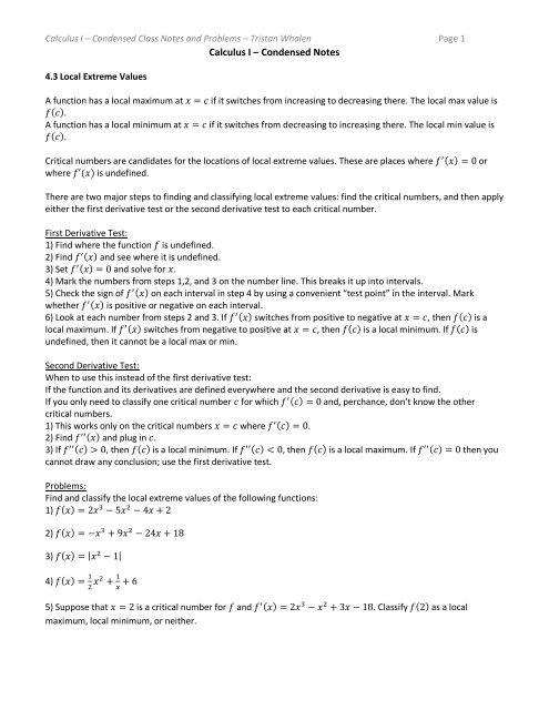 Calculus I – Condensed Notes