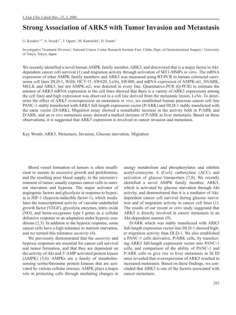 Strong Association of ARK5 with Tumor Invasion and Metastasis