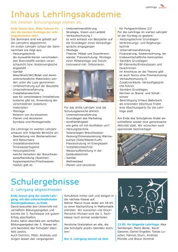 Inhaus Lehrlingsakademie Schulergebnisse - Dorfinstallateur