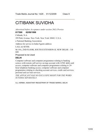 CITIBANK SUVIDHA - Controller General of Patents Designs and ...