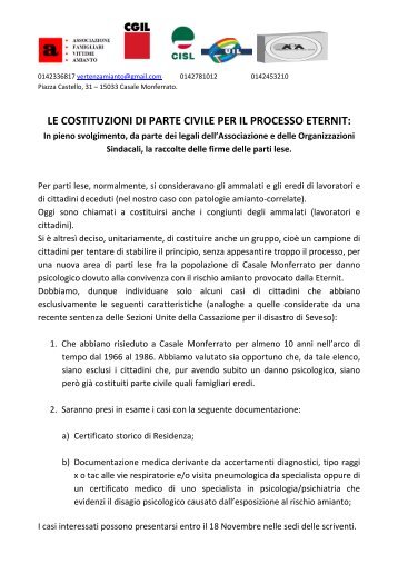 le costituzioni di parte civile per il processo eternit - Associazione ...