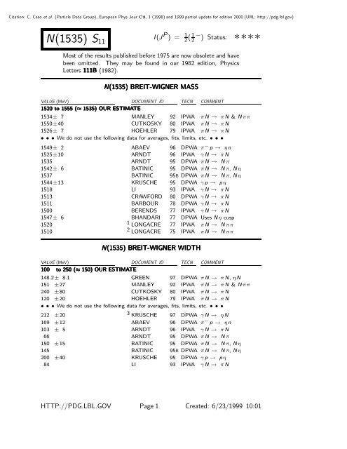 N(1535) S11 ?) Status: ???? - Particle Data Group
