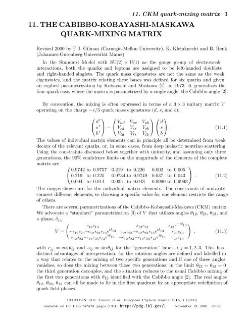 11. THE CABIBBO-KOBAYASHI-MASKAWA QUARK-MIXING MATRIX