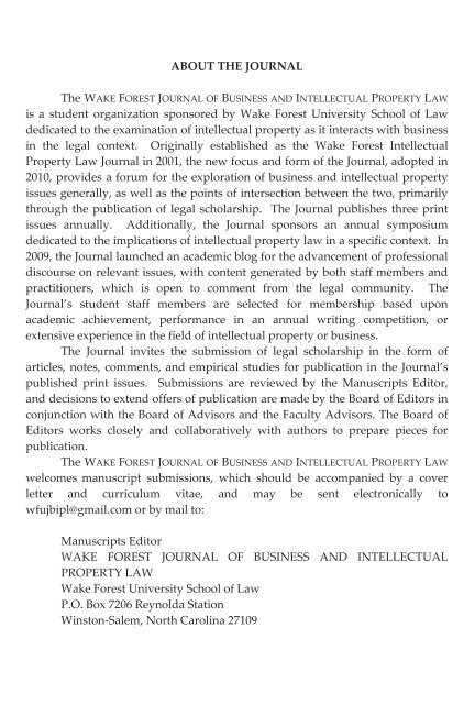 Full Edition - Journal of Business & Intellectual Property Law - Wake