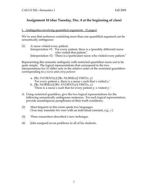 Tuesday Assignment Assignment 10 (due Tuesday, Dec. 8 at the beginning of class)