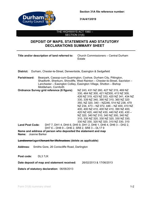 deposit of maps, statements and statutory declarations summary sheet