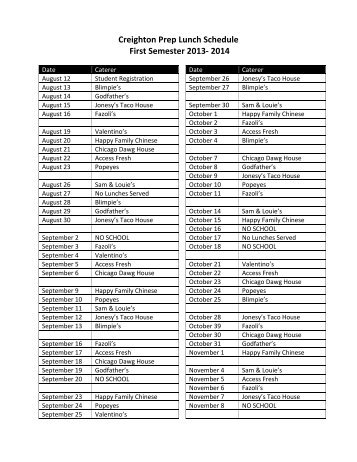 Lunch Menu - Creighton Prep