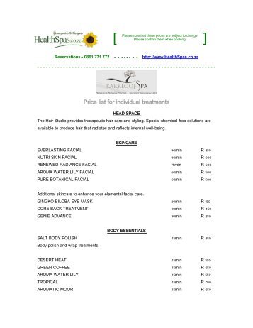 Price list for individual treatments - Health Spas Guide