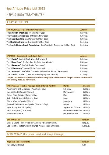 Spa Afrique Price List 2012 - Health Spas Guide