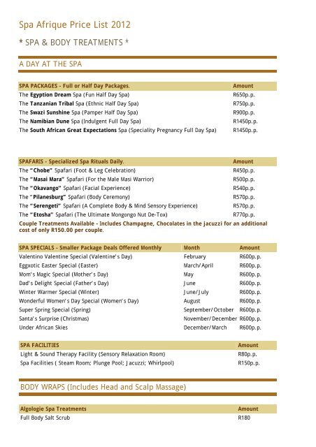 Spa Afrique Price List 2012 Health Spas Guide spa-afrique-price-list-2012-health-spas-guide