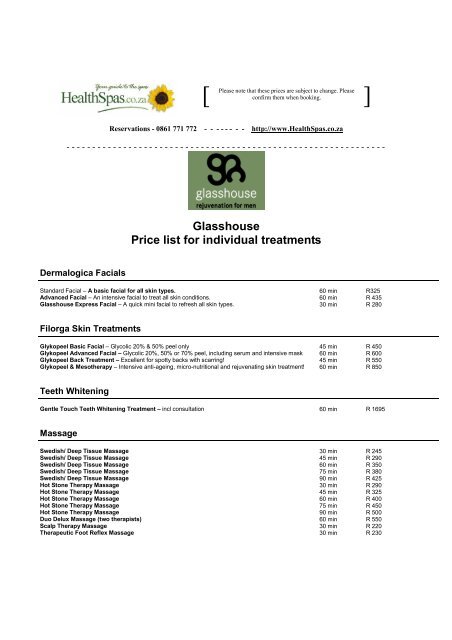 Glasshouse Price list for individual treatments - Health Spas Guide