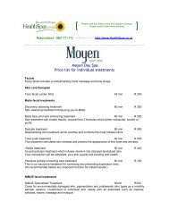 Moyen Day Spa Price list for individual treatments - Health Spas Guide