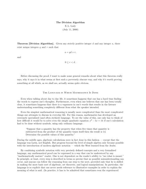 The Division Algorithm E. L. Lady (July 11, 2000) Theorem [Division ...