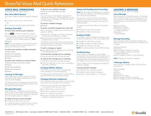 ShoreTel Voice Mail Quick Reference