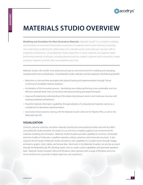 Materials Studio Overview Datasheet - Accelrys