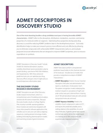 Read the ADMET Descriptors in Discovery Studio Datasheet - Accelrys