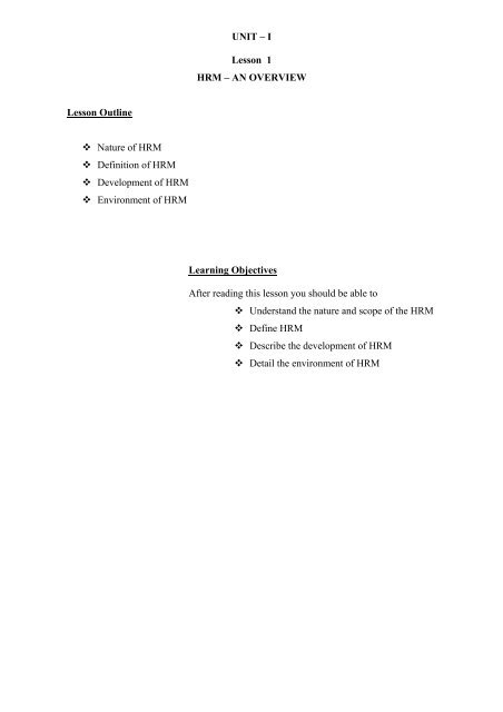 UNIT – I Lesson 1 HRM – AN OVERVIEW Lesson Outline Nature of ...