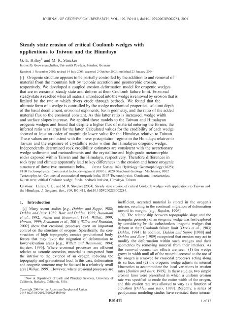 Steady state erosion of critical Coulomb wedges with applications to ...