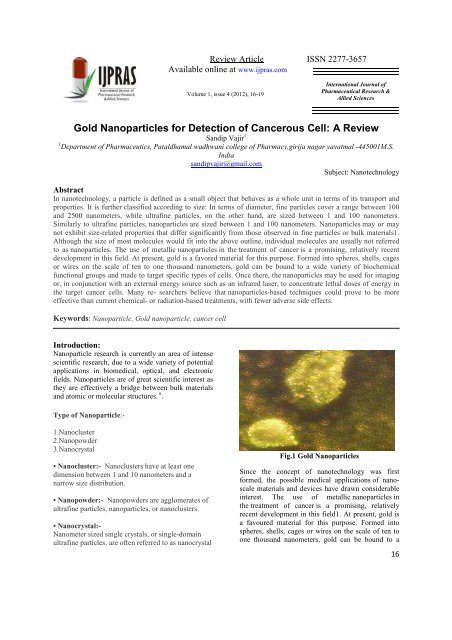 Gold Nanoparticles for Detection of Cancerous Cell: A Review