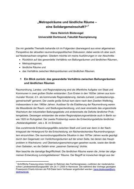 Prof. Dr. Hans Heinrich Blotevogel Metropolräume Niedersachsen