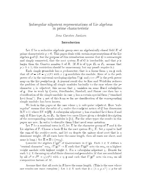 subregular nilpotent representations of lie algebras in prime ...