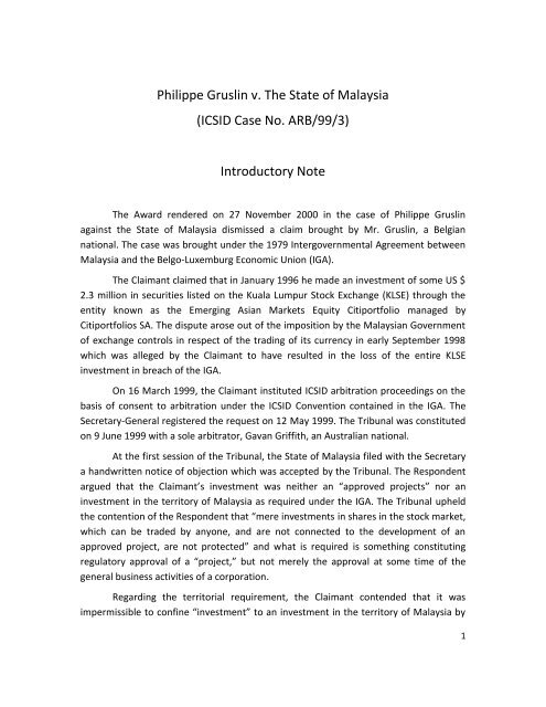 Philippe Gruslin V The State Of Malaysia Centre For International Law