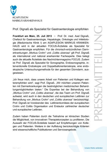Prof. Dignaß als Spezialist für Gastroenterologie empfohlen
