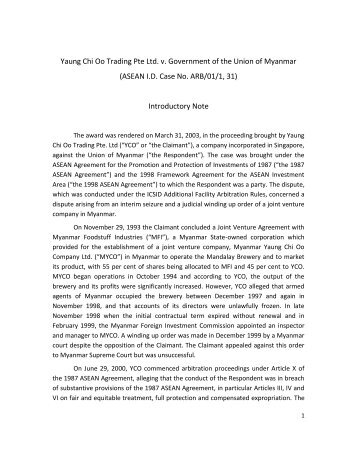 Yaung Chi Oo Trading Pte Ltd. v. Government of the Union of ...
