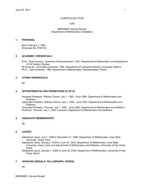 CURRICULUM VITAE - Department of Mathematics and Statistics ...