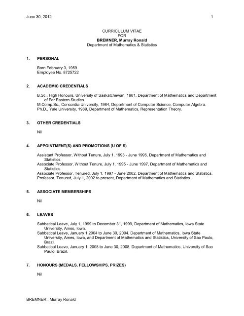 CURRICULUM VITAE - Department of Mathematics and Statistics ...