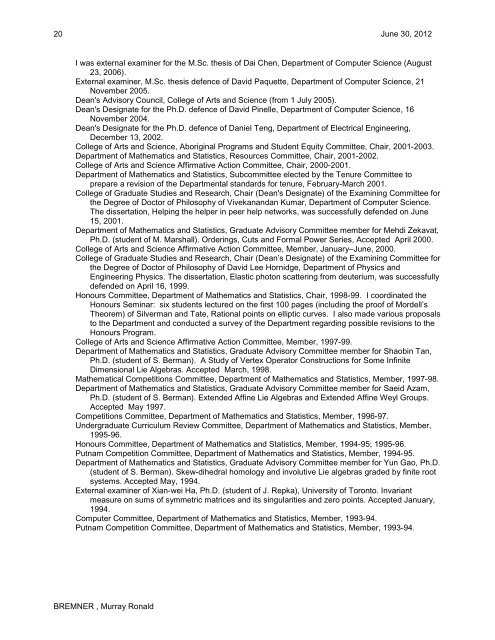 CURRICULUM VITAE - Department of Mathematics and Statistics ...