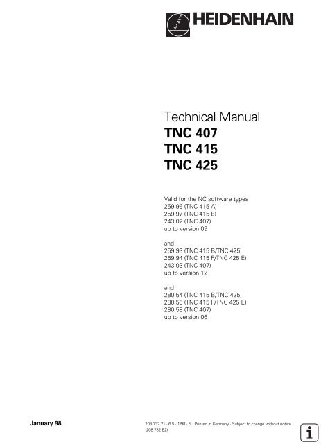 Technical Manual Tnc 407 Tnc 415 B Tnc 425 Heidenhain Dr