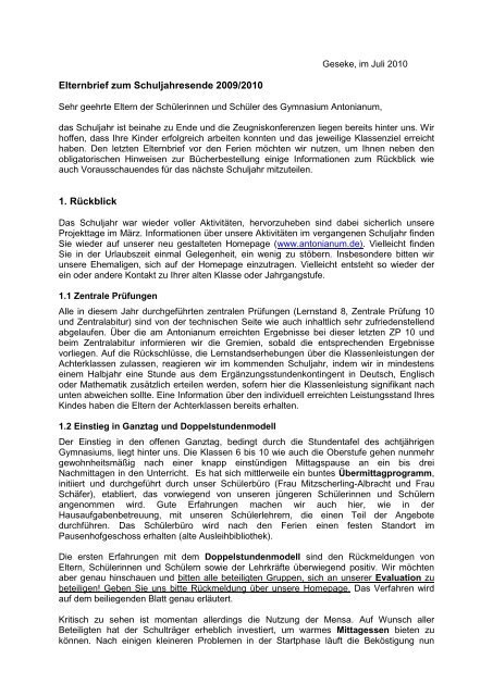 Elternbrief zum Schuljahresende - Juli 2010 - am Gymnasium ...