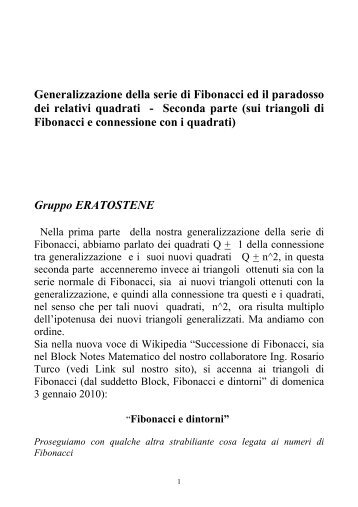 Generalizzazione della serie di Fibonacci ed il paradosso dei relativi ...