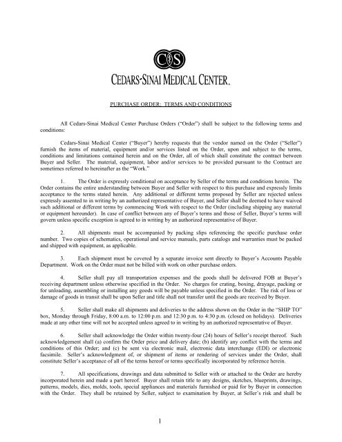 PURCHASE ORDER: TERMS AND CONDITIONS All Cedars-Sinai 