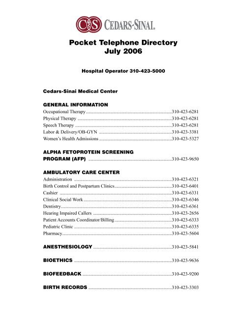 Pocket Telephone Directory July 2006 - Physician Referral - Cedars ...