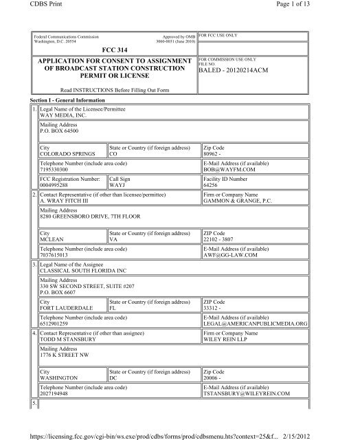 Application for assignment of license - Classical South Florida ...