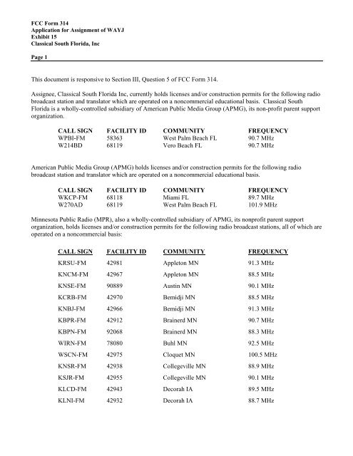 Application for assignment of license - Classical South Florida ...