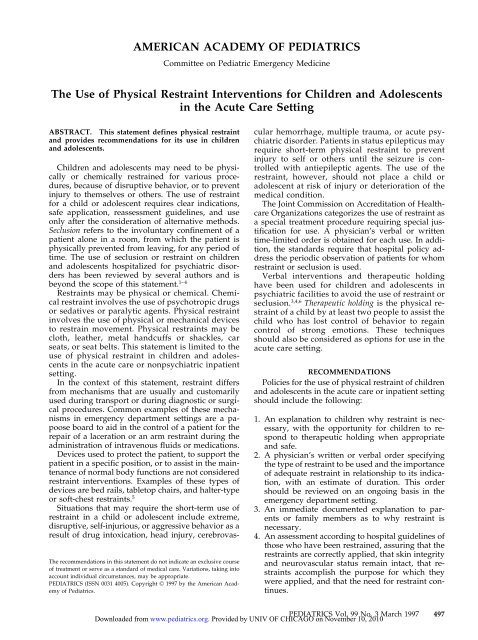 The Use of Physical Restraint Interventions for Children