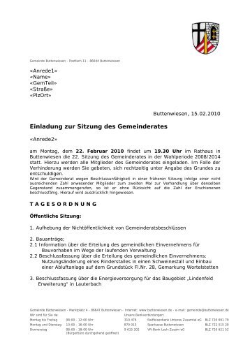 Einladung zur Sitzung des Gemeinderates