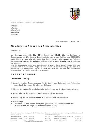 Einladung zur Sitzung des Gemeinderates