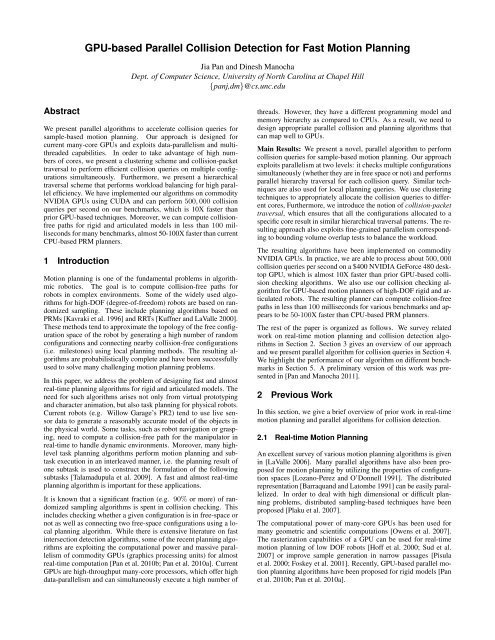 GPU-based Parallel Collision Detection for Fast Motion Planning