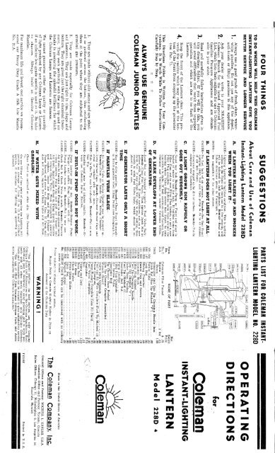 1940's Coleman 228D Lantern Instructions