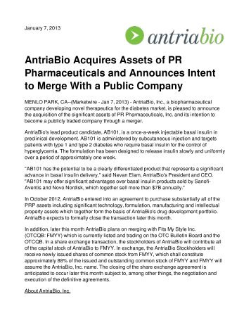 AntriaBio Acquires Assets of PR Pharmaceuticals and Announces ...